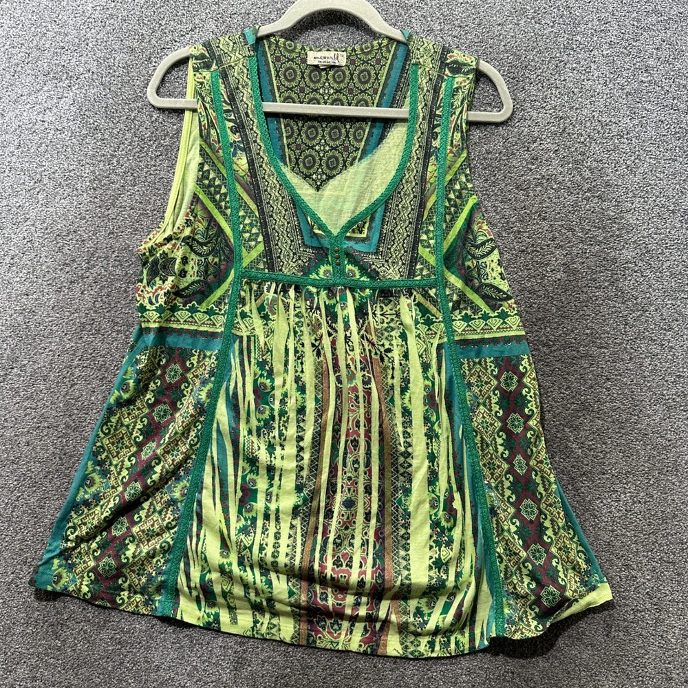 One World Tank Top Blouse 1X Green Paisley Boho V-Neck Crochet Trim Festival